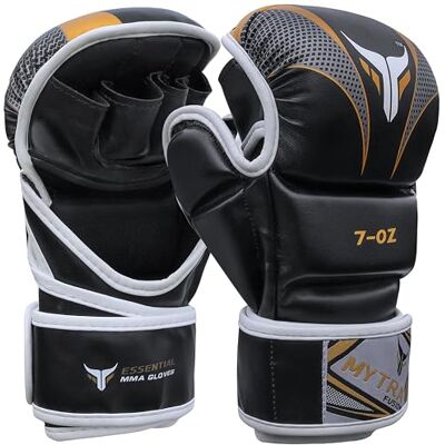 Mytra Fusion Luvas MMA com palma aberta e punheira ajustável, luvas MMA para Sparring, Grappling, Cage Fighting, desportos de combate, saco de boxe e artes marciais (Black Gold, S/M) Mytra Fusion Luvas MMA com palma aberta e punheira ajustável, luvas MMA para Sparring, Grappling, Cage Fighting, desportos de combate, saco de boxe e artes marciais (Black Gold, S/M)