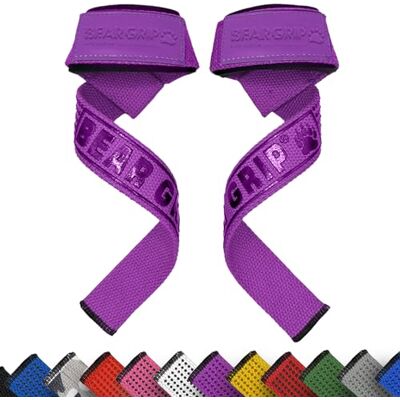 BEAR GRIP Trelas de levantamento de pesos com acolchoado premium de neopreno, dupla costura reforçada, 100% algodão, comprimento extra longo (roxo) BEAR GRIP Trelas de levantamento de pesos com acolchoado premium de neopreno, dupla costura reforçada, 100% algodão, comprimento extra longo (roxo)