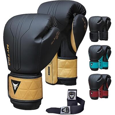 Mytra Fusion Luvas de treino incluídas com capas para mãos livres, luvas de boxe MMA Training e luvas muito tailandesas para mulher e homem (preto/dourado, 14-oz) Mytra Fusion Luvas de treino incluídas com capas para mãos livres, luvas de boxe MMA Training e luvas muito tailandesas para mulher e homem (preto/dourado, 14-oz)