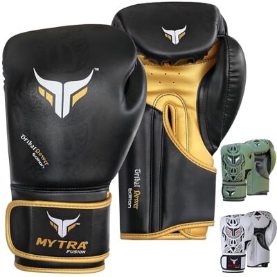 Mytra Fusion Luvas de boxe luvas de treino MMA Punch, kickboxing, fitness, sparring, muay thai, treino e luta (preto/dourado, 12-oz) Mytra Fusion Luvas de boxe luvas de treino MMA Punch, kickboxing, fitness, sparring, muay thai, treino e luta (preto/dourado, 12-oz)
