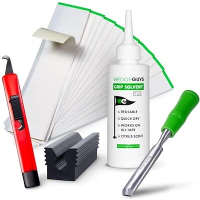 Wedge Guys Kits de aderência de golfe para tacos de golfe, qualidade profissional, as opções incluem folha de gancho, 15 ou 30 tiras de fita, solvente de 5 ou 8 onças, removedor de fita de aderência Wedge Guys Kits de aderência de golfe para tacos de golfe, qualidade profissional, as opções incluem folha de gancho, 15 ou 30 tiras de fita, solvente de 5 ou 8 onças, removedor de fita de aderência
