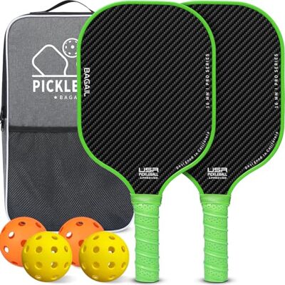 BAGAIL Conjunto de palhetas de Pickleball, casacos de Pickle Ball com 4 bolas de Pickleball, leves, alta absorção de impactos, ergonómicas, adequadas para jogos de bolas de todos os níveis BAGAIL Conjunto de palhetas de Pickleball, casacos de Pickle Ball com 4 bolas de Pickleball, leves, alta absorção de impactos, ergonómicas, adequadas para jogos de bolas de todos os níveis