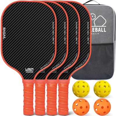 BAGAIL Conjunto de palhetas de Pickleball, casacos de Pickle Ball com 4 bolas de Pickleball, leves, alta absorção de impactos, ergonómicas, adequadas para jogos de bolas de todos os níveis BAGAIL Conjunto de palhetas de Pickleball, casacos de Pickle Ball com 4 bolas de Pickleball, leves, alta absorção de impactos, ergonómicas, adequadas para jogos de bolas de todos os níveis