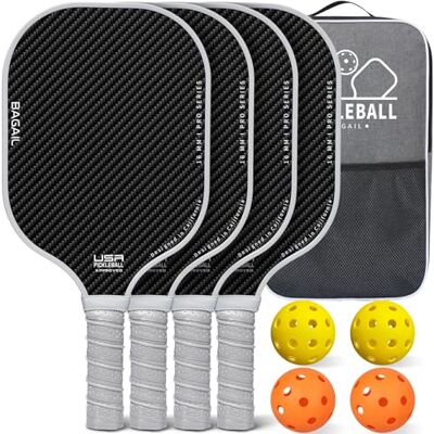 BAGAIL Conjunto de Raquetes de Pickleball, Raquetes de Pickle Ball com 4 Bolas de Pickleball, Leves, Alta Absorção de Impactos, Ergonómicas, Adequadas para Jogos de Todos os Níveis BAGAIL Conjunto de Raquetes de Pickleball, Raquetes de Pickle Ball com 4 Bolas de Pickleball, Leves, Alta Absorção de Impactos, Ergonómicas, Adequadas para Jogos de Todos os Níveis