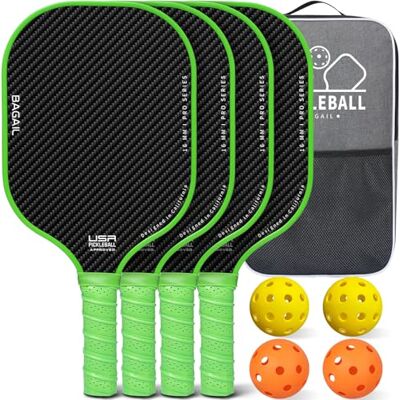 BAGAIL Conjunto de Raquetes de Pickleball, Raquetes de Pickle Ball com 4 Bolas de Pickleball, Leves, Alta Absorção de Impactos, Ergonómicas, Adequadas para Jogos de Todos os Níveis BAGAIL Conjunto de Raquetes de Pickleball, Raquetes de Pickle Ball com 4 Bolas de Pickleball, Leves, Alta Absorção de Impactos, Ergonómicas, Adequadas para Jogos de Todos os Níveis