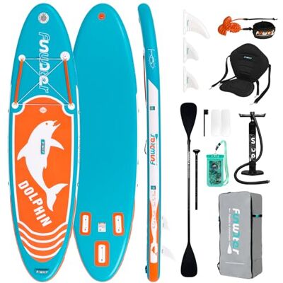 FunWater Prancha de Surf de Remo, Insuflável, Acessórios Completos, Remo Ajustável, Bolsa Impermeável para Telefones Móveis, Mochila, Aletas, Assento de Caiaque, Bomba, Leash de Segurança FunWater Prancha de Surf de Remo, Insuflável, Acessórios Completos, Remo Ajustável, Bolsa Impermeável para Telefones Móveis, Mochila, Aletas, Assento de Caiaque, Bomba, Leash de Segurança