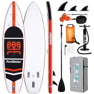 FunWater Prancha de Surf Sup Insuflável de pé, Acessório de Remo Ajustável, Bomba, Mochila de Viagem, Correia de Segurança, Capa Impermeável para Telefone Móvel FunWater Prancha de Surf Sup Insuflável de pé, Acessório de Remo Ajustável, Bomba, Mochila de Viagem, Correia de Segurança, Capa Impermeável para Telefone Móvel