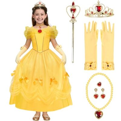Spooktacular Creations 7 peças vestido de princesa amarelo para meninas, vestido sem ombros com bainha de várias camadas para aniversários de crianças, festa de Halloween Spooktacular Creations 7 peças vestido de princesa amarelo para meninas, vestido sem ombros com bainha de várias camadas para aniversários de crianças, festa de Halloween