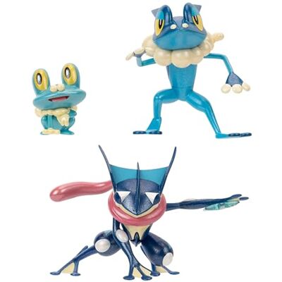 Jazwares Pokémon Select Evolution Pack possui figuras de batalha Froakie de 2 polegadas, Frogadier de 3 polegadas e Greninja de 4,5 polegadas Jazwares Pokémon Select Evolution Pack possui figuras de batalha Froakie de 2 polegadas, Frogadier de 3 polegadas e Greninja de 4,5 polegadas