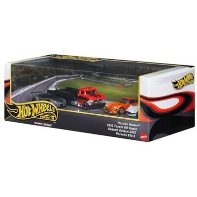 Hot Wheels Premium Conjunto de 4 carros de fundição sob pressão com transportador Toyota GR Supra, Datsun 240Z, Porsche 934,5 Hot Wheels Premium Conjunto de 4 carros de fundição sob pressão com transportador Toyota GR Supra, Datsun 240Z, Porsche 934,5