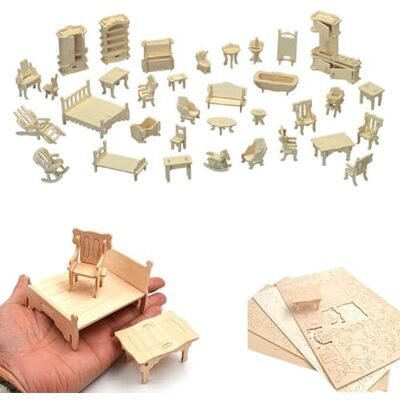Cuteroom Casa de bonecas móveis miniaturas, puzzle 3D de madeira laser 34 peças, brinquedo educativo para crianças Cuteroom Casa de bonecas móveis miniaturas, puzzle 3D de madeira laser 34 peças, brinquedo educativo para crianças