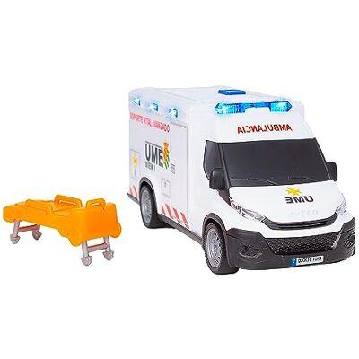 Dickie Toys Ambulância IVECO da UME 18cm, Ambulância de Brincar, Luz e Som, Roda com Giro Livre, com Cadeira, Veículo de Brinquedo para Meninos e Meninas a Partir dos 3 Anos () Dickie Toys Ambulância IVECO da UME 18cm, Ambulância de Brincar, Luz e Som, Roda com Giro Livre, com Cadeira, Veículo de Brinquedo para Meninos e Meninas a Partir dos 3 Anos ()