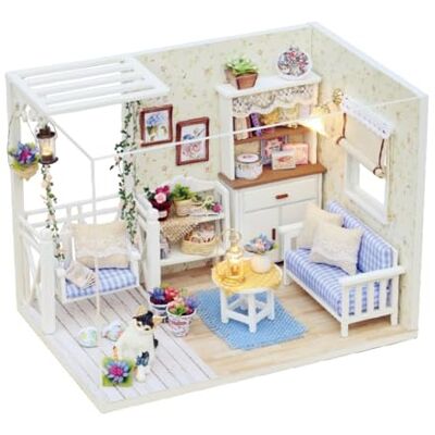 Cuteroom Kit miniatura feito à mão de madeira DIY Dollhouse modelo LED da sala de estar e todos os móveis Cuteroom Kit miniatura feito à mão de madeira DIY Dollhouse modelo LED da sala de estar e todos os móveis