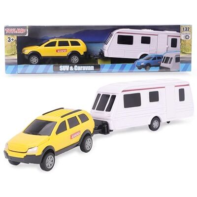 Toyland ® Carro amarelo com caravana destacável 1:32 veículo de brinquedo colecionável em escala com tração livre e reboque para crianças A partir de 3 anos Toyland ® Carro amarelo com caravana destacável 1:32 veículo de brinquedo colecionável em escala com tração livre e reboque para crianças A partir de 3 anos
