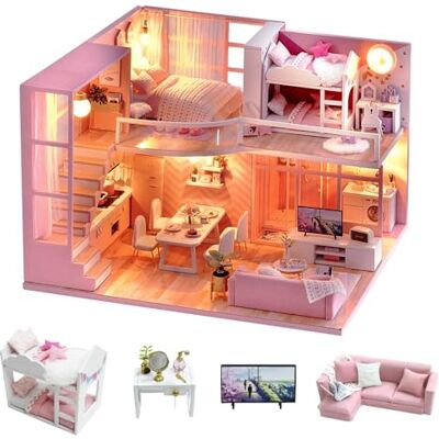 Cuteroom Casa de bonecas Miniatura Kit de casa de bonecas de madeira com móveis e música Modelo para meninas e meninos Cuteroom Casa de bonecas Miniatura Kit de casa de bonecas de madeira com móveis e música Modelo para meninas e meninos