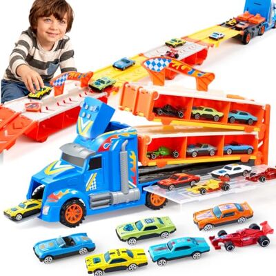 JOYIN Camiões brinquedo para crianças, 12 veículos de brinquedo de metal fundido a pressão com 2 lançadores, brinquedo dobrável Street Racer com luzes e som, presente para crianças de 3 anos a partir JOYIN Camiões brinquedo para crianças, 12 veículos de brinquedo de metal fundido a pressão com 2 lançadores, brinquedo dobrável Street Racer com luzes e som, presente para crianças de 3 anos a partir