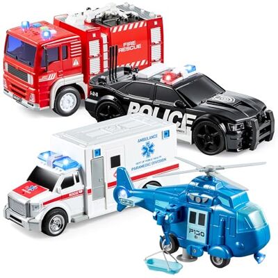 JOYIN Conjunto de 4 heróis urbanos movidos a fricção Inclui camião de bombeiros, ambulância, carro de polícia e helicóptero, veículos de emergência com luz e som JOYIN Conjunto de 4 heróis urbanos movidos a fricção Inclui camião de bombeiros, ambulância, carro de polícia e helicóptero, veículos de emergência com luz e som