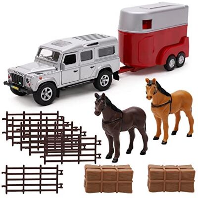 Toyland ® Horse Transporter Set Carro 4x4 Prateado & Caixa de Cavalo com Acessórios Brinquedos Agrícolas Metal Fundido sob Pressão Toyland ® Horse Transporter Set Carro 4x4 Prateado & Caixa de Cavalo com Acessórios Brinquedos Agrícolas Metal Fundido sob Pressão