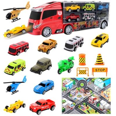 deAO 2en1 Camion Transportador de Coches para Niños con 12 vehículos y Mapa Camião de brinquedos, expansível, dobrável e portátil, conjunto de carros de corrida, brinquedo de carro presente para deAO 2en1 Camion Transportador de Coches para Niños con 12 vehículos y Mapa Camião de brinquedos, expansível, dobrável e portátil, conjunto de carros de corrida, brinquedo de carro presente para
