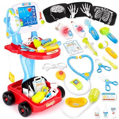 deAO Medicos Juguete Kit Doctora con Carrito, Accesorios de Luz y Sonido Jogo de médico de brinquedo com termômetros e estetoscópios para médico educativo, conjunto de papéis brinquedos meninas e deAO Medicos Juguete Kit Doctora con Carrito, Accesorios de Luz y Sonido Jogo de médico de brinquedo com termômetros e estetoscópios para médico educativo, conjunto de papéis brinquedos meninas e