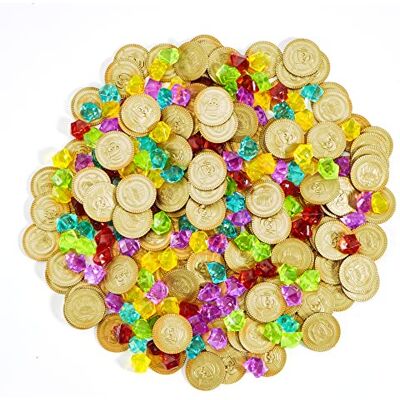 JOYIN 288 peças Moedas douradas piratas de brinquedo para crianças de Halloween festa piratas temáticos (144 moedas 144 pedras preciosas) JOYIN 288 peças Moedas douradas piratas de brinquedo para crianças de Halloween festa piratas temáticos (144 moedas 144 pedras preciosas)