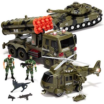 JOYIN 3 em 1 brinquedo de veículo militar com sereia alimentada por fricção com figuras de ação, incluindo camião militar, helicóptero e tanque de brinquedo, veículos com sereia de luz e som JOYIN 3 em 1 brinquedo de veículo militar com sereia alimentada por fricção com figuras de ação, incluindo camião militar, helicóptero e tanque de brinquedo, veículos com sereia de luz e som