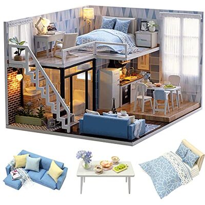 Cuteroom Kit de casa de madeira para bonecas de montagem manual Modelo Azul e lâmpada LED Cuteroom Kit de casa de madeira para bonecas de montagem manual Modelo Azul e lâmpada LED