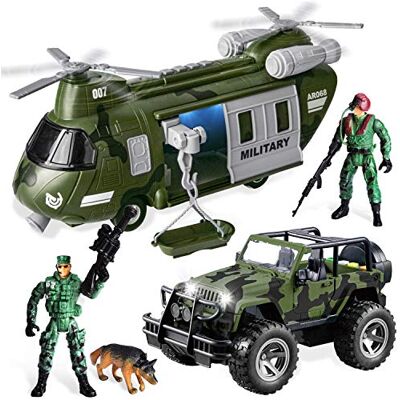 JOYIN Veículos militares conjunto de brinquedo de helicóptero de transporte alimentado por fricção e camião militar com sereia de luz e som e soldado homens do exército figuras de ação JOYIN Veículos militares conjunto de brinquedo de helicóptero de transporte alimentado por fricção e camião militar com sereia de luz e som e soldado homens do exército figuras de ação