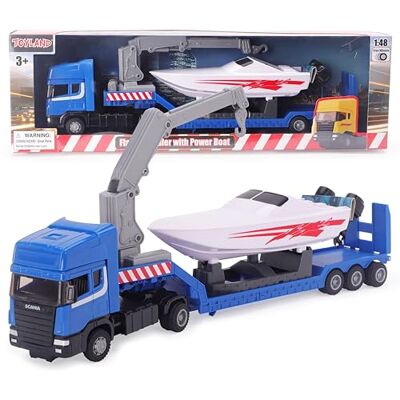 Toyland ® Scania Flatbed Hauler Transporter Truck com Power Boat Escala 1:48 Roda livre (camião azul) Toyland ® Scania Flatbed Hauler Transporter Truck com Power Boat Escala 1:48 Roda livre (camião azul)