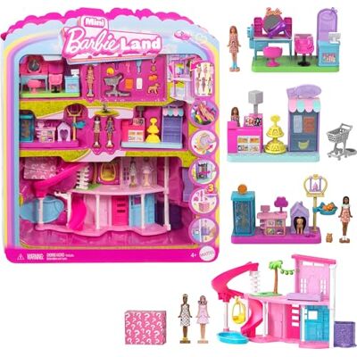Barbie Mini Land Dreamhouse e três conjuntos de jogo com 4 bonecas de 3,81 cm, móveis e acessórios para a casa de bonecas, inclui loja de animais, salão de beleza e supermercado, Barbie Mini Land Dreamhouse e três conjuntos de jogo com 4 bonecas de 3,81 cm, móveis e acessórios para a casa de bonecas, inclui loja de animais, salão de beleza e supermercado,