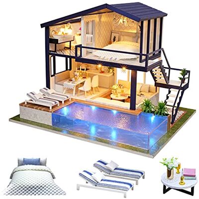 Cuteroom Kit de montagem manual de casa de bonecas de madeira, miniatura artesanal modelo e mobiliário tempo apartamento com piscina Cuteroom Kit de montagem manual de casa de bonecas de madeira, miniatura artesanal modelo e mobiliário tempo apartamento com piscina