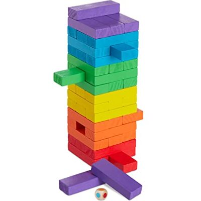 Relaxdays Torre de madeira, 48 blocos empilháveis, com dado, a partir de 3 anos, 1 unidade, 22,5 x 7,5 x 7,5 cm, multicolorido Relaxdays Torre de madeira, 48 blocos empilháveis, com dado, a partir de 3 anos, 1 unidade, 22,5 x 7,5 x 7,5 cm, multicolorido