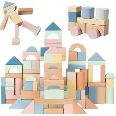 Nene Toys Blocos de construção de madeira, 100 peças, desde 1 ano Cores pastel – Brinquedo Montessori para empilhar, classificar e criar – favorece a mobilidade fina e a imagem Nene Toys Blocos de construção de madeira, 100 peças, desde 1 ano Cores pastel – Brinquedo Montessori para empilhar, classificar e criar – favorece a mobilidade fina e a imagem