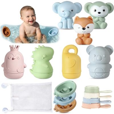 Solinorex Brinquedos de banho para bebés 16 peças de silicone com brinquedos Squeeze, arquitetos empilháveis e animais flutuantes, estimulação sensorial e jogos de água para crianças de 1 a 4 anos, praia e piscina Solinorex Brinquedos de banho para bebés 16 peças de silicone com brinquedos Squeeze, arquitetos empilháveis e animais flutuantes, estimulação sensorial e jogos de água para crianças de 1 a 4 anos, praia e piscina