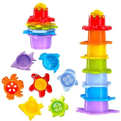 FANCY Baby Set de cubos empilháveis para bebés de 1 ano brinquedos de praia e banho 7 blocos empilháveis torre empilhável montessori, brinquedo educativo para banheira de cores com animais marinhos FANCY Baby Set de cubos empilháveis para bebés de 1 ano brinquedos de praia e banho 7 blocos empilháveis torre empilhável montessori, brinquedo educativo para banheira de cores com animais marinhos