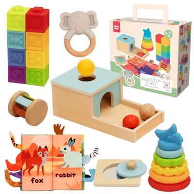 Nene Toys Caja de Juguetes Montessori para Bebés de 6 a 12 Meses Caixa de permanência, torre empilhável, puzzle com espelho, livro de tecido, mordedor, chocalho e blocos lisos Nene Toys Caja de Juguetes Montessori para Bebés de 6 a 12 Meses Caixa de permanência, torre empilhável, puzzle com espelho, livro de tecido, mordedor, chocalho e blocos lisos