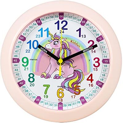 Kiddus Relógio de parede infantil para aprender a hora, relógio educativo 20 cm com agulhas escritas hora e minuto para meninos e meninas, silencioso para quarto e estúdio, sistema pedagógico números grandes Kiddus Relógio de parede infantil para aprender a hora, relógio educativo 20 cm com agulhas escritas hora e minuto para meninos e meninas, silencioso para quarto e estúdio, sistema pedagógico números grandes