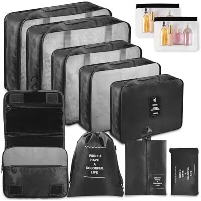 WECUTE Sacos organizadores de mala, organizador de bagagem multifuncional, 11 peças, embalagem cubos malas roupa de viagem, organizadoras de viagem, impermeável, conjunto com bolsa de cosméticos (preto) WECUTE Sacos organizadores de mala, organizador de bagagem multifuncional, 11 peças, embalagem cubos malas roupa de viagem, organizadoras de viagem, impermeável, conjunto com bolsa de cosméticos (preto)