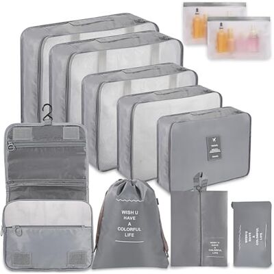 WECUTE Sacos organizadores de mala, organizador de bagagem multifuncional, 11 peças, embalagem cubos malas roupa de viagem, organizadoras de viagem, impermeável, conjunto com bolsa de cosméticos (cinzento) WECUTE Sacos organizadores de mala, organizador de bagagem multifuncional, 11 peças, embalagem cubos malas roupa de viagem, organizadoras de viagem, impermeável, conjunto com bolsa de cosméticos (cinzento)