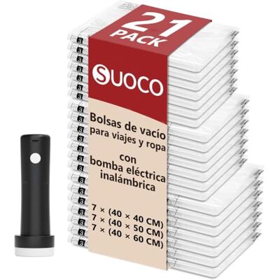 SUOCO Sacos de vácuo roupa viagem com bomba elétrica sem fio, 21 sacos Organizador de compressão para malas, ideal para guardar e armazenar roupas SUOCO Sacos de vácuo roupa viagem com bomba elétrica sem fio, 21 sacos Organizador de compressão para malas, ideal para guardar e armazenar roupas