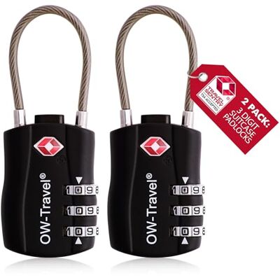 OW-Travel Cadeado mala viagem TSA cabo, combinação de 3 dígitos 2 peças preto OW-Travel Cadeado mala viagem TSA cabo, combinação de 3 dígitos 2 peças preto