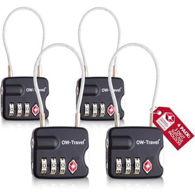 OW-Travel Cadeado mala viagem TSA cabo, combinação de 3 dígitos 4 peças preto OW-Travel Cadeado mala viagem TSA cabo, combinação de 3 dígitos 4 peças preto