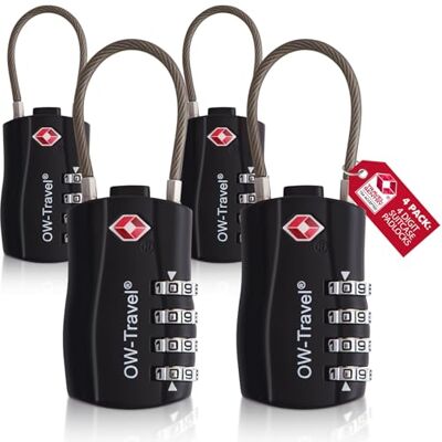OW-Travel Cadeado mala viagem TSA cabo, combinação 4 dígitos 4 peças preto OW-Travel Cadeado mala viagem TSA cabo, combinação 4 dígitos 4 peças preto