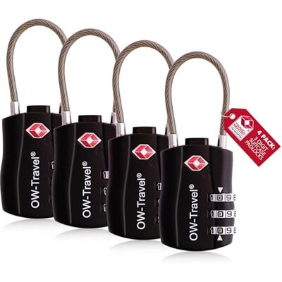 OW-Travel Cadeado mala viagem TSA cabo, combinação de 3 dígitos 4 peças preto OW-Travel Cadeado mala viagem TSA cabo, combinação de 3 dígitos 4 peças preto
