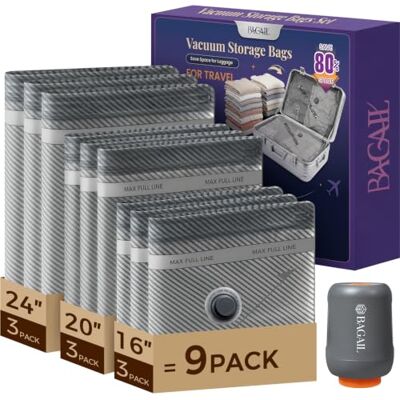 BAGAIL Sacos de armazenamento a vácuo viagem com bomba elétrica sem fios recarregável, sacos a vácuo reutilizáveis com bomba, sacos de compressão para bagagem, organizador de malas 9 unidades BAGAIL Sacos de armazenamento a vácuo viagem com bomba elétrica sem fios recarregável, sacos a vácuo reutilizáveis com bomba, sacos de compressão para bagagem, organizador de malas 9 unidades