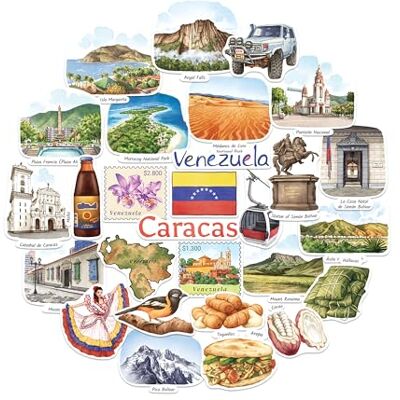 Navy Peony Autocolantes de viagem vibrantes da Venezuela (28 peças), aguarela, caribe, caracas, decalques temáticos venezuelanos para diários, álbuns, bagagem Navy Peony Autocolantes de viagem vibrantes da Venezuela (28 peças), aguarela, caribe, caracas, decalques temáticos venezuelanos para diários, álbuns, bagagem