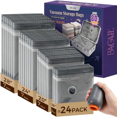 BAGAIL Sacos de armazenamento a vácuo viagem com bomba elétrica sem fios recarregável, sacos a vácuo reutilizáveis com bomba, sacos de compressão para bagagem, organizador de malas 24 unidades BAGAIL Sacos de armazenamento a vácuo viagem com bomba elétrica sem fios recarregável, sacos a vácuo reutilizáveis com bomba, sacos de compressão para bagagem, organizador de malas 24 unidades