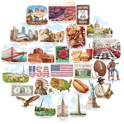 Navy Peony Icónicos Stickers de viagem dos EUA (28 peças) – ilustrados à mão, tema americano, autocolantes para diários, álbuns e bagagem Navy Peony Icónicos Stickers de viagem dos EUA (28 peças) – ilustrados à mão, tema americano, autocolantes para diários, álbuns e bagagem