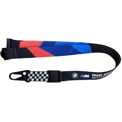 BMW Motorrad Motorsport Cordão com logótipo M, preto com design de quadros de corridas, azul e vermelho BMW Motorrad Motorsport Cordão com logótipo M, preto com design de quadros de corridas, azul e vermelho