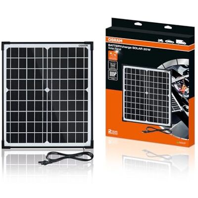 OSRAM BATTERYcharge SOLAR 20W, dispositivo de manutenção de bateria solar, carregamento de bateria 12 V, painel solar impermeável, proteção contra polaridade reversa OSRAM BATTERYcharge SOLAR 20W, dispositivo de manutenção de bateria solar, carregamento de bateria 12 V, painel solar impermeável, proteção contra polaridade reversa